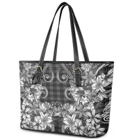 Hawaii Palaka Leather Tote Bag Black Tribal Pattern With Tropical Flowers - Polynesian Pride