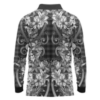 Hawaii Palaka Long Sleeve Polo Shirt Black Tribal Pattern With Tropical Flowers - Polynesian Pride