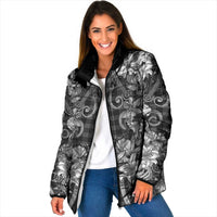 Hawaii Palaka Padded Jacket Black Tribal Pattern With Tropical Flowers - Polynesian Pride