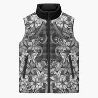 Hawaii Palaka Sleeveless Puffer Jacket Black Tribal Pattern With Tropical Flowers - Polynesian Pride