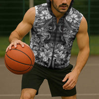 Hawaii Palaka Sleeveless Zip Hoodie Black Tribal Pattern With Tropical Flowers - Polynesian Pride