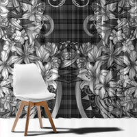 Hawaii Palaka Window Curtain Black Tribal Pattern With Tropical Flowers - Polynesian Pride