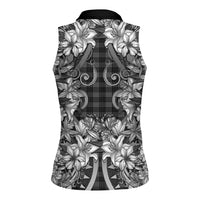 Hawaii Palaka Women Sleeveless Polo Shirt Black Tribal Pattern With Tropical Flowers - Polynesian Pride