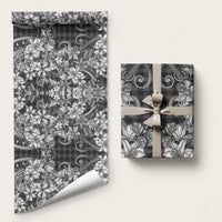 Hawaii Palaka Wrapping Paper Black Tribal Pattern With Tropical Flowers - Polynesian Pride
