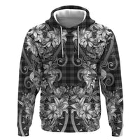 Hawaii Palaka Zip Hoodie Black Tribal Pattern With Tropical Flowers - Polynesian Pride
