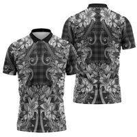 Hawaii Palaka Zipper Polo Shirt Black Tribal Pattern With Tropical Flowers - Polynesian Pride