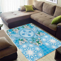 Hawaii Cyan Palaka Area Rug With Tapa Pattern Tropical Flowers - Polynesian Pride