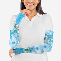 Hawaii Cyan Palaka Arm Sleeves With Tapa Pattern Tropical Flowers - Polynesian Pride