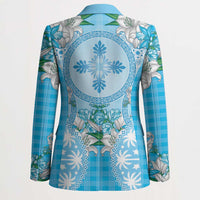 Hawaii Cyan Palaka Blazer With Tapa Pattern Tropical Flowers - Polynesian Pride