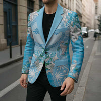 Hawaii Cyan Palaka Blazer With Tapa Pattern Tropical Flowers - Polynesian Pride