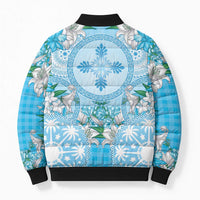 Hawaii Cyan Palaka Bomber Puffer Jacket With Tapa Pattern Tropical Flowers - Polynesian Pride
