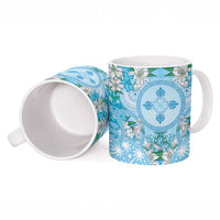 Hawaii Cyan Palaka Ceramic Mug With Tapa Pattern Tropical Flowers - Polynesian Pride