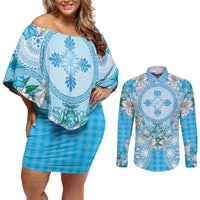 Hawaii Cyan Palaka Couples Matching Off Shoulder Short Dress and Long Sleeve Button Shirt With Tapa Pattern Tropical Flowers - Polynesian Pride