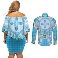 Hawaii Cyan Palaka Couples Matching Off Shoulder Short Dress and Long Sleeve Button Shirt With Tapa Pattern Tropical Flowers - Polynesian Pride