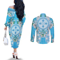 Hawaii Cyan Palaka Couples Matching Off The Shoulder Long Sleeve Dress and Long Sleeve Button Shirt With Tapa Pattern Tropical Flowers - Polynesian Pride