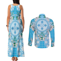 Hawaii Cyan Palaka Couples Matching Tank Maxi Dress and Long Sleeve Button Shirt With Tapa Pattern Tropical Flowers - Polynesian Pride