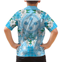 Hawaii Cyan Palaka Family Matching Mermaid Dress and Hawaiian Shirt With Tapa Pattern Tropical Flowers - Polynesian Pride