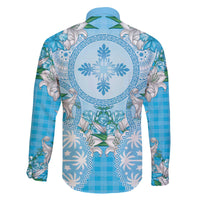 Hawaii Cyan Palaka Family Matching Off The Shoulder Long Sleeve Dress and Hawaiian Shirt With Tapa Pattern Tropical Flowers - Polynesian Pride