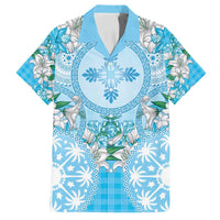 Hawaii Cyan Palaka Family Matching Off Shoulder Maxi Dress and Hawaiian Shirt With Tapa Pattern Tropical Flowers - Polynesian Pride