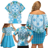 Hawaii Cyan Palaka Family Matching Off Shoulder Short Dress and Hawaiian Shirt With Tapa Pattern Tropical Flowers - Polynesian Pride