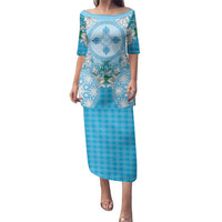 Hawaii Cyan Palaka Family Matching Puletasi and Hawaiian Shirt With Tapa Pattern Tropical Flowers - Polynesian Pride