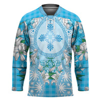 Hawaii Cyan Palaka Hockey Jersey With Tapa Pattern Tropical Flowers LT05 Unisex Cyan - Polynesian Pride