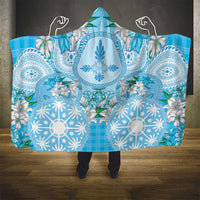 Hawaii Cyan Palaka Hooded Blanket With Tapa Pattern Tropical Flowers - Polynesian Pride