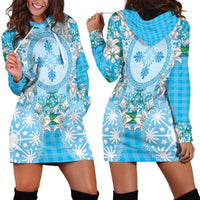 Hawaii Cyan Palaka Hoodie Dress With Tapa Pattern Tropical Flowers - Polynesian Pride