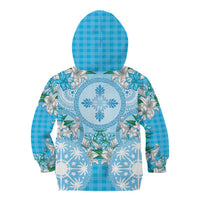 Hawaii Cyan Palaka Kid Hoodie With Tapa Pattern Tropical Flowers - Polynesian Pride