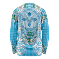 Hawaii Cyan Palaka Long Sleeve Shirt With Tapa Pattern Tropical Flowers LT05 - Polynesian Pride