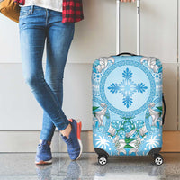 Hawaii Cyan Palaka Luggage Cover With Tapa Pattern Tropical Flowers - Polynesian Pride