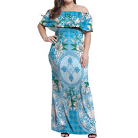 Hawaii Cyan Palaka Off Shoulder Maxi Dress With Tapa Pattern Tropical Flowers - Polynesian Pride