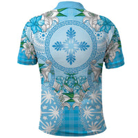 Hawaii Cyan Palaka Polo Shirt With Tapa Pattern Tropical Flowers - Polynesian Pride