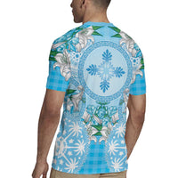 Hawaii Cyan Palaka Rugby Jersey With Tapa Pattern Tropical Flowers - Polynesian Pride