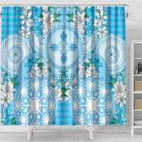 Hawaii Cyan Palaka Shower Curtain With Tapa Pattern Tropical Flowers - Polynesian Pride