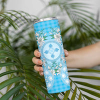 Hawaii Cyan Palaka Skinny Tumbler With Tapa Pattern Tropical Flowers - Polynesian Pride