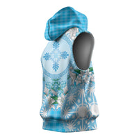 Hawaii Cyan Palaka Sleeveless Hoodie With Tapa Pattern Tropical Flowers LT05 - Polynesian Pride