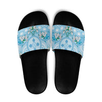 Hawaii Cyan Palaka Slide Sandals With Tapa Pattern Tropical Flowers - Polynesian Pride