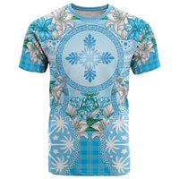 Hawaii Cyan Palaka T Shirt With Tapa Pattern Tropical Flowers - Polynesian Pride