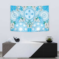 Hawaii Cyan Palaka Tapestry With Tapa Pattern Tropical Flowers - Polynesian Pride