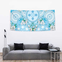 Hawaii Cyan Palaka Tapestry With Tapa Pattern Tropical Flowers - Polynesian Pride
