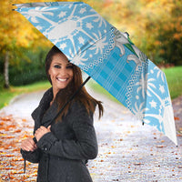 Hawaii Cyan Palaka Umbrella With Tapa Pattern Tropical Flowers - Polynesian Pride