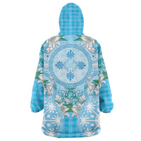 Hawaii Cyan Palaka Wearable Blanket Hoodie With Tapa Pattern Tropical Flowers - Polynesian Pride
