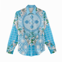 Hawaii Cyan Palaka Women Casual Shirt With Tapa Pattern Tropical Flowers - Polynesian Pride