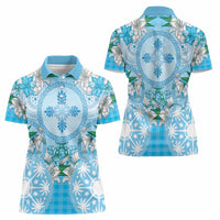 Hawaii Cyan Palaka Women Polo Shirt With Tapa Pattern Tropical Flowers - Polynesian Pride
