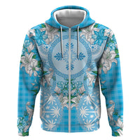 Hawaii Cyan Palaka Zip Hoodie With Tapa Pattern Tropical Flowers - Polynesian Pride