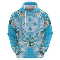 Hawaii Cyan Palaka Zip Hoodie With Tapa Pattern Tropical Flowers - Polynesian Pride