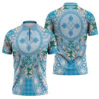 Hawaii Cyan Palaka Zipper Polo Shirt With Tapa Pattern Tropical Flowers - Polynesian Pride