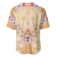 Hawaii Peach Palaka Baseball Jersey With Tapa Pattern Tropical Flowers - Polynesian Pride