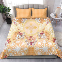 Hawaii Peach Palaka Bedding Set With Tapa Pattern Tropical Flowers - Polynesian Pride